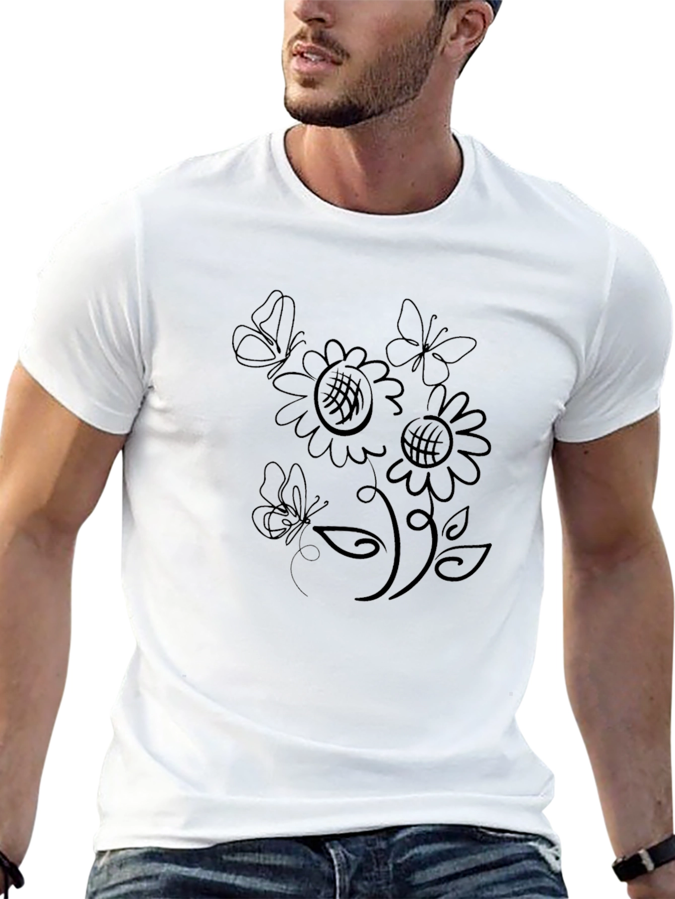 Black T-Shirt with Floral Butterfly Design