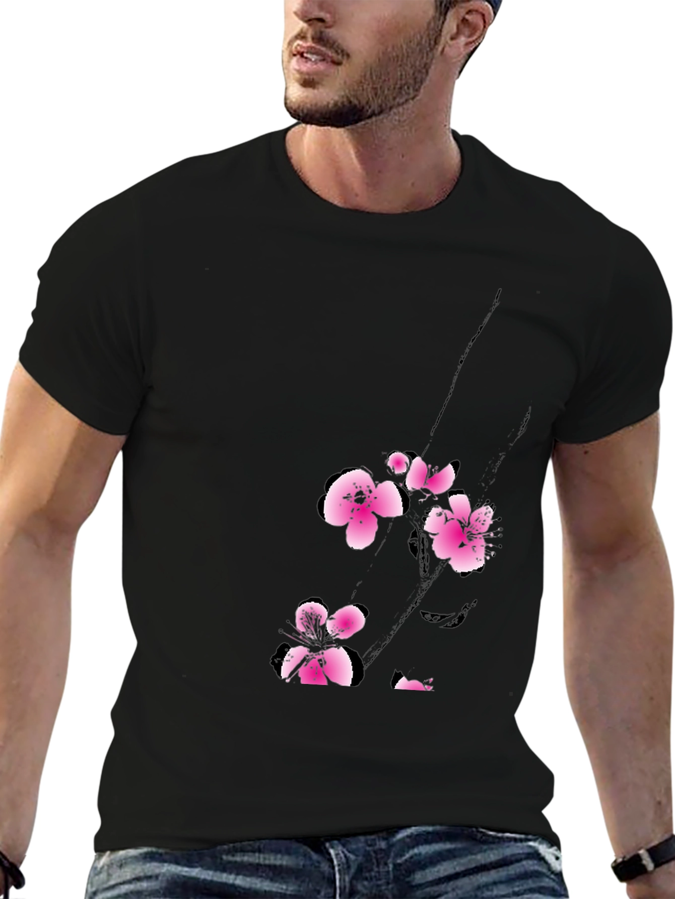 Black T-Shirt with Pink Cherry Blossom Design