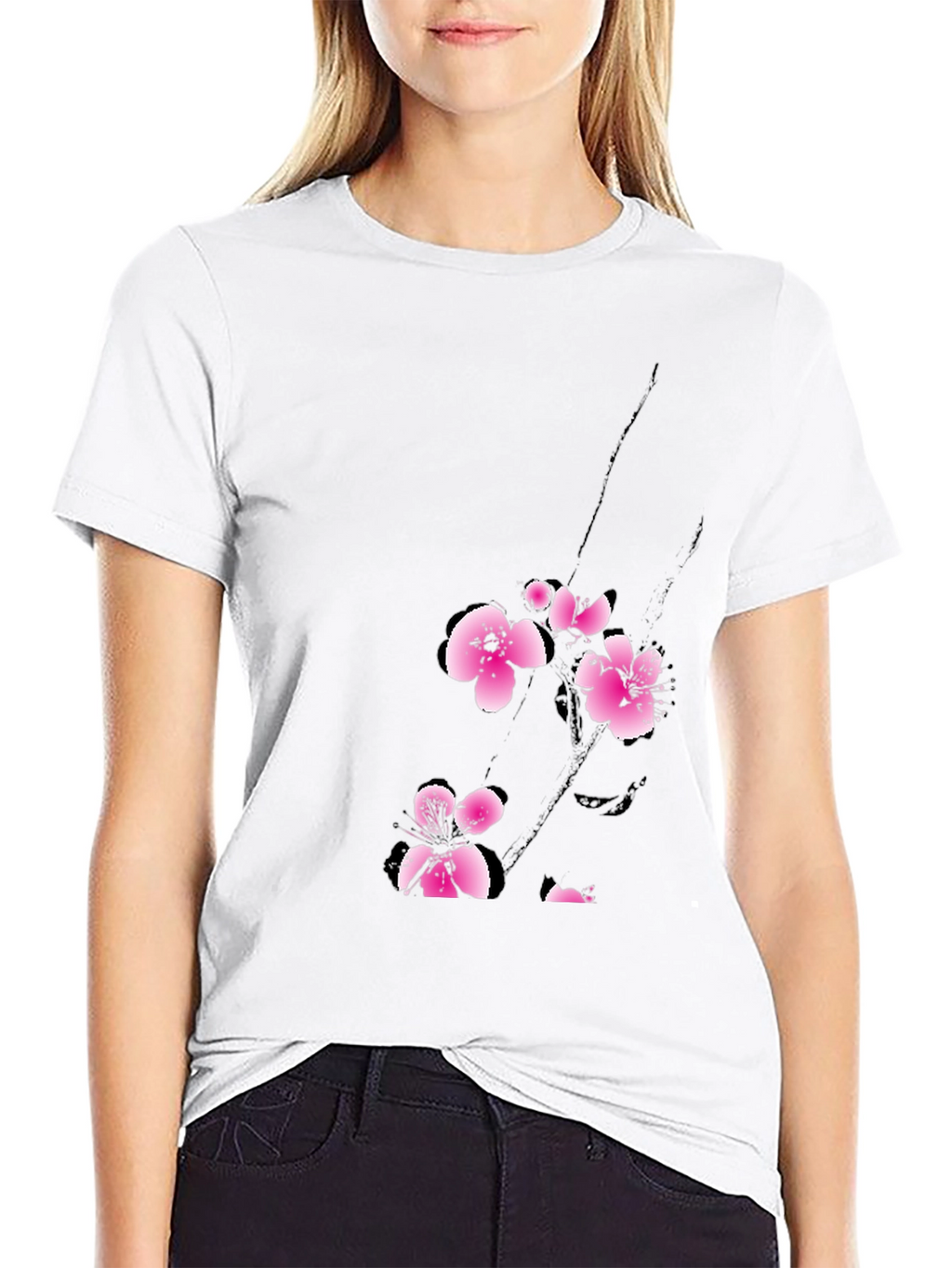 Black T-Shirt with Pink Cherry Blossom Design