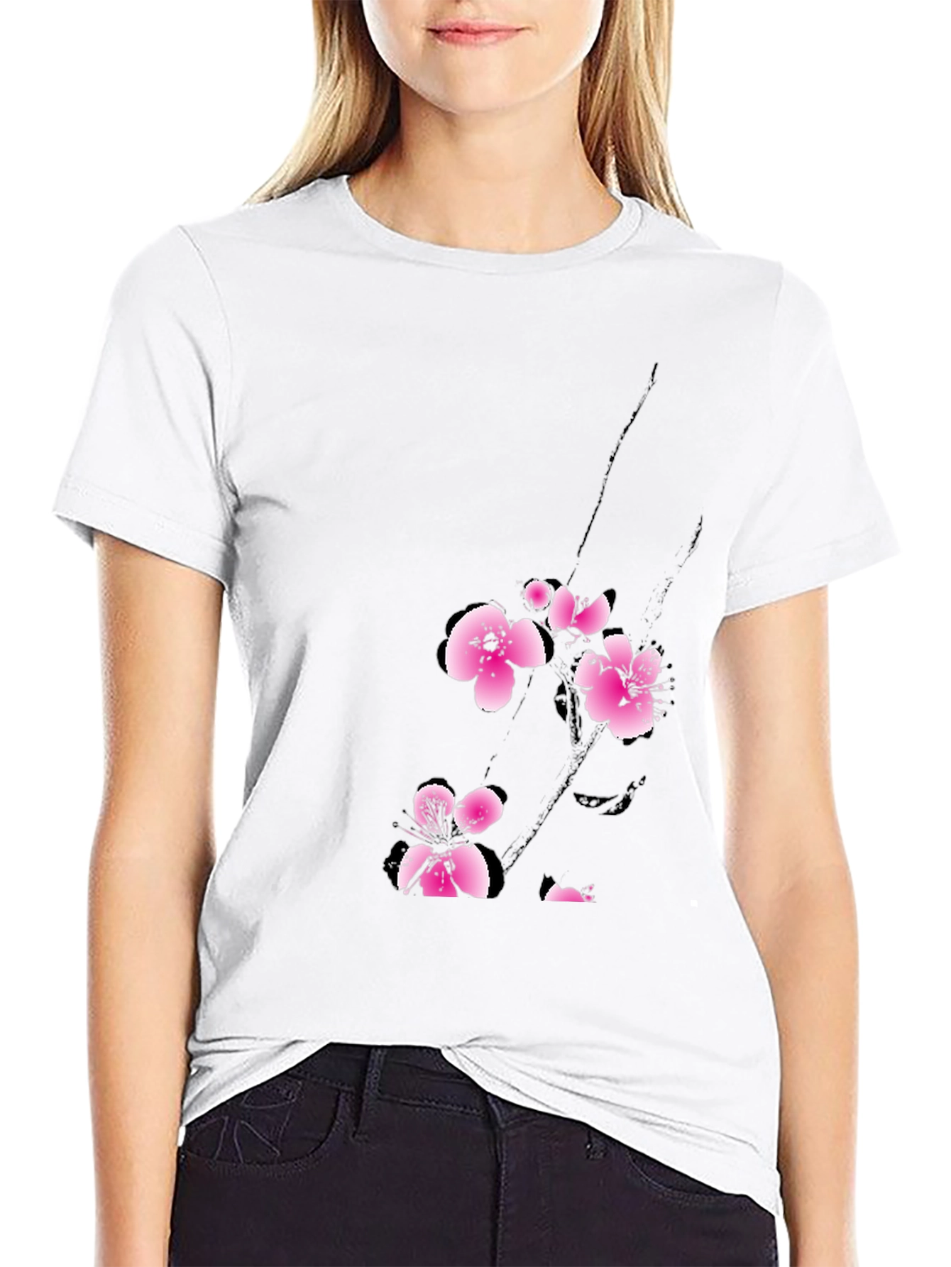 Black T-Shirt with Pink Cherry Blossom Design