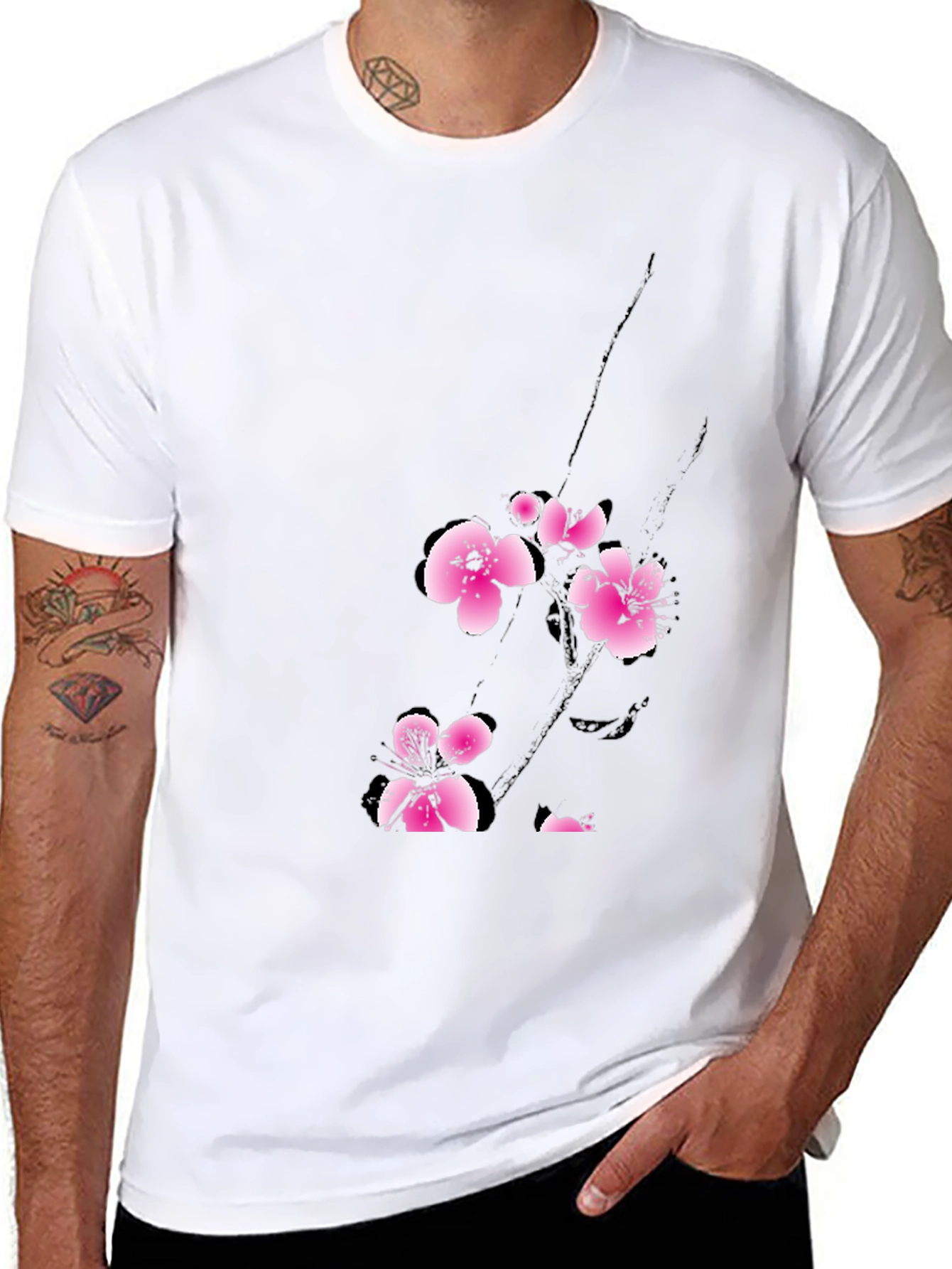 Black T-Shirt with Pink Cherry Blossom Design