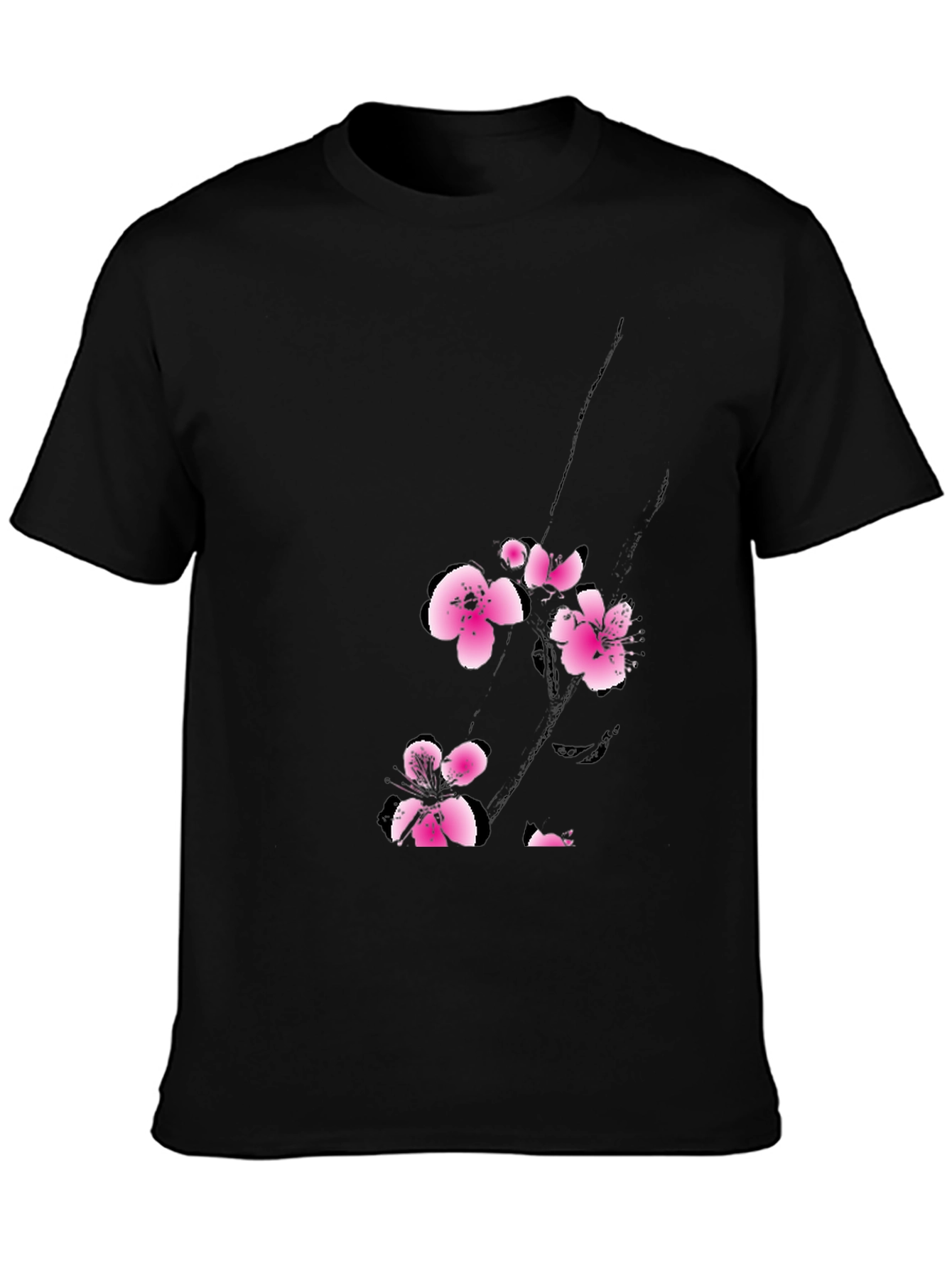Black T-Shirt with Pink Cherry Blossom Design