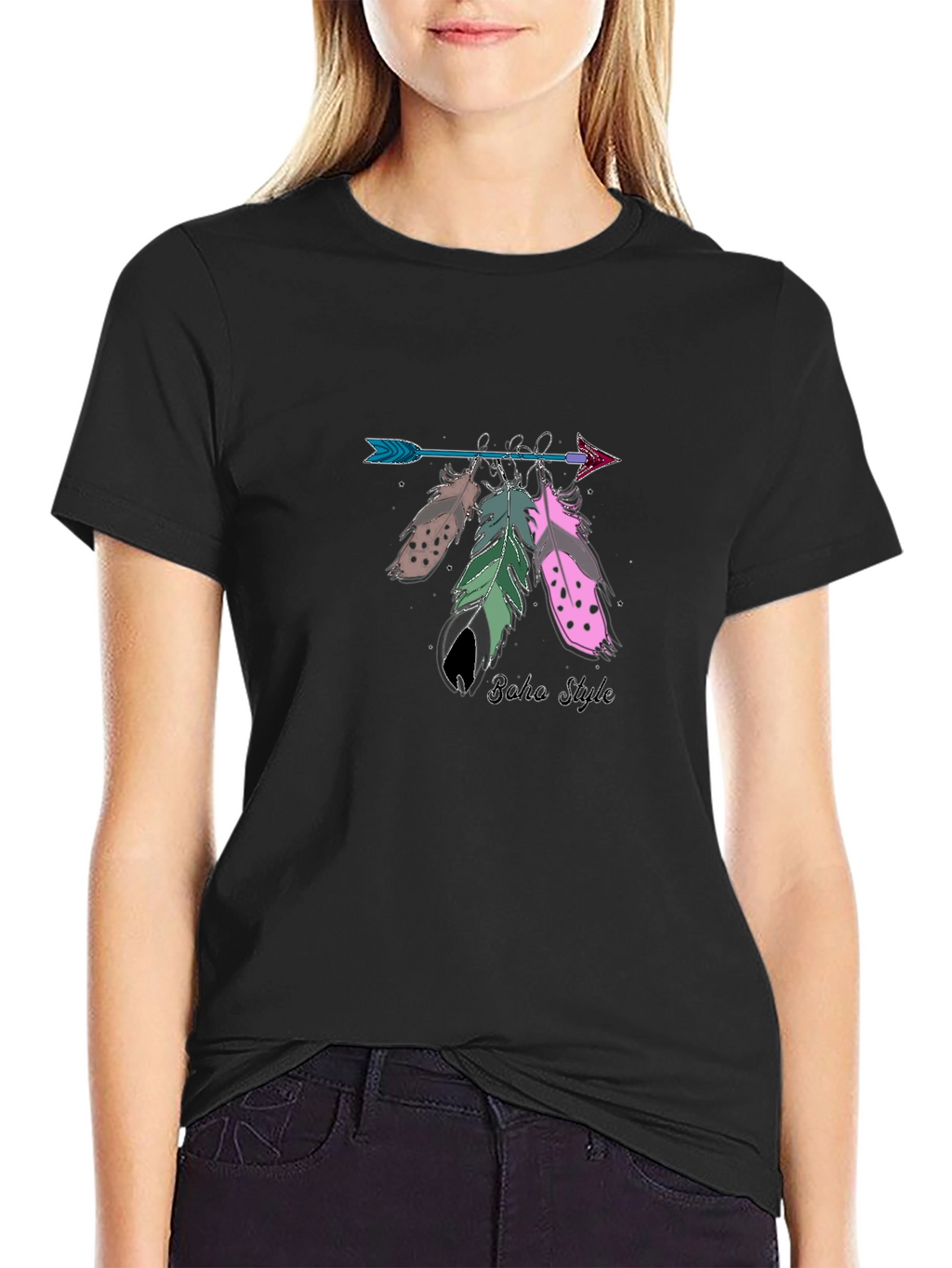 Boho Style Arrow & Feathers Black T-Shirt
