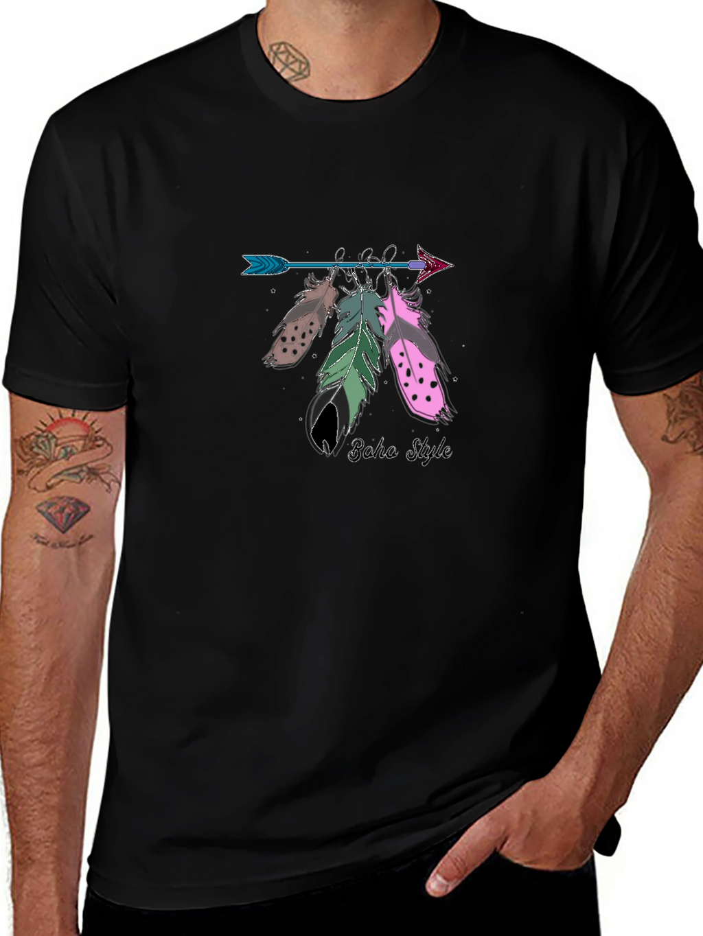 Boho Style Arrow & Feathers Black T-Shirt