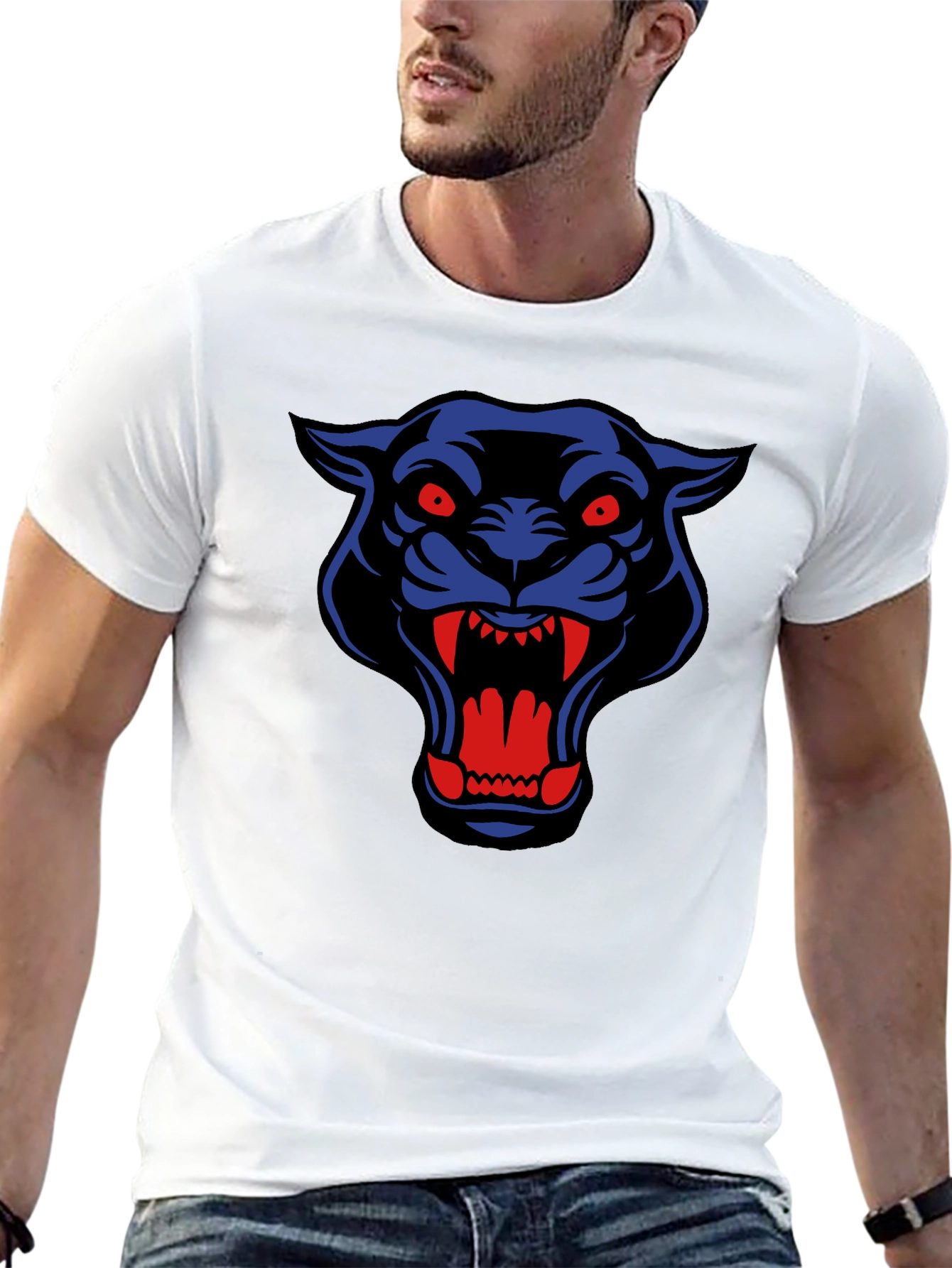 Black T-Shirt with Blue & Red Panther Graphic