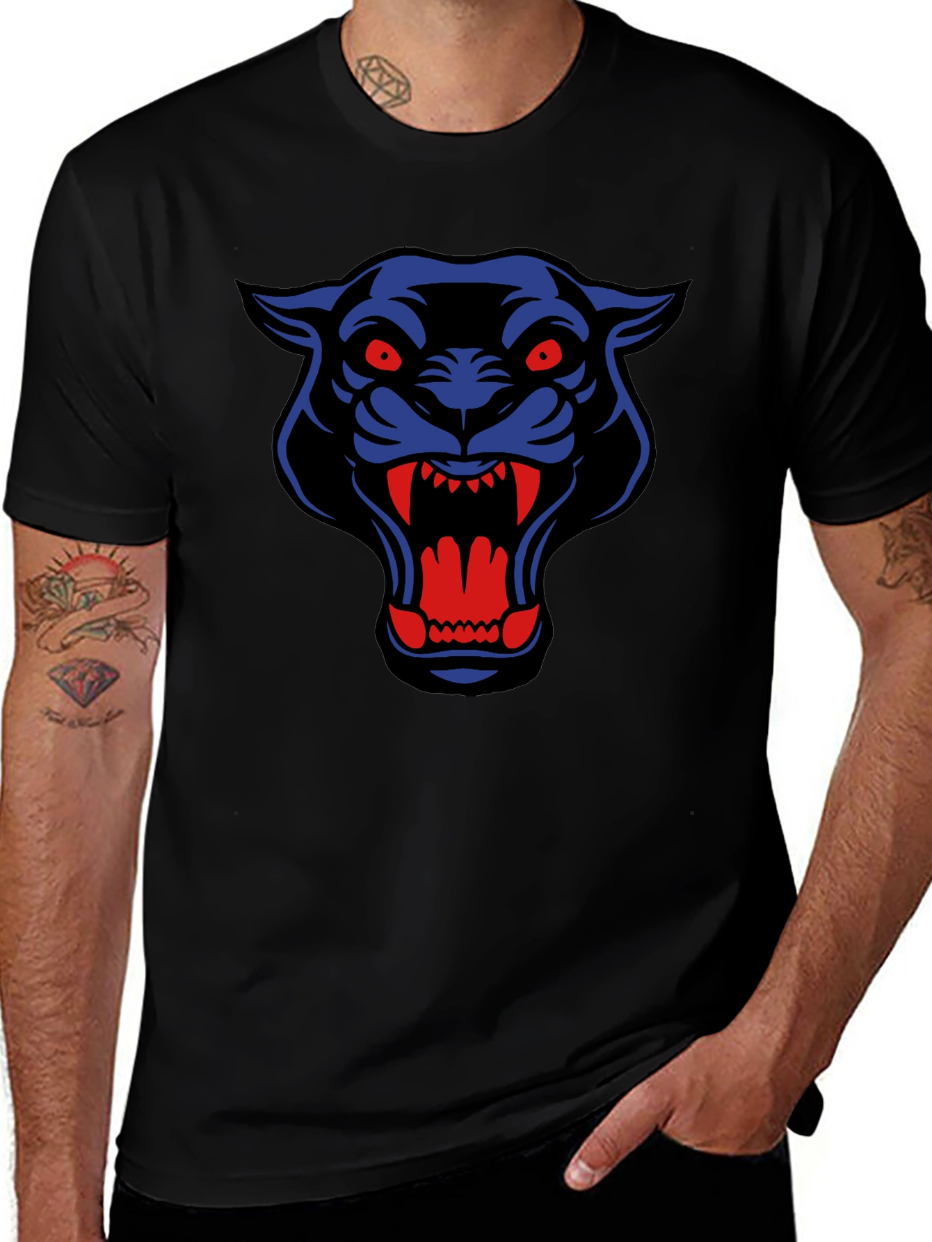 Black T-Shirt with Blue & Red Panther Graphic
